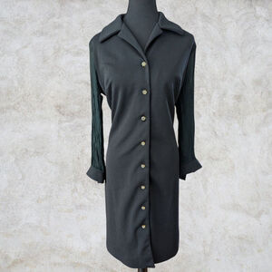 Vintage 70s Linda Originals Montreal Black Button Down Sheer Sleeve Dress Size L